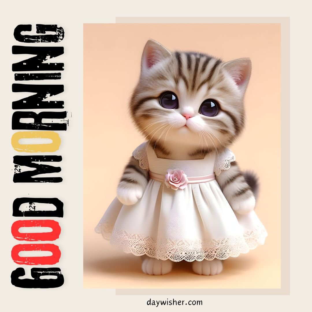 A cute illustration of a kitten wearing a white dress with a pink rose, standing against a soft orange background. Above is the text "Good Morning" in black and red funky fonts.