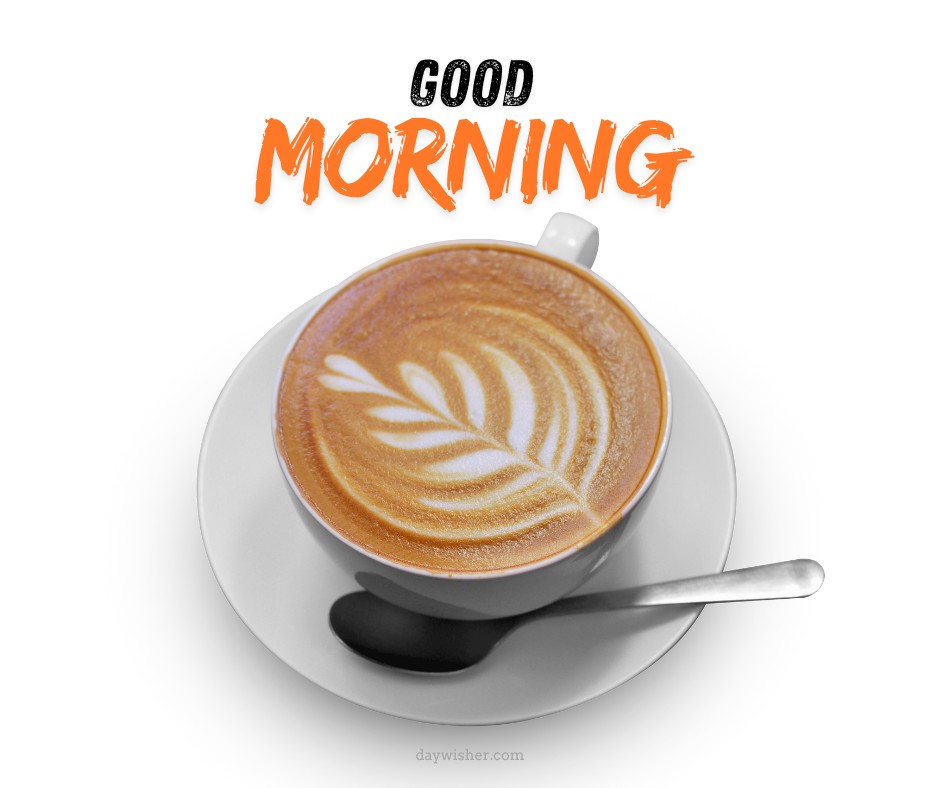 Good morning coffee images displaying a beautifully crafted latte art in a cup with vibrant 'Good Morning' text in orange, perfectly blending creativity and a morning cheer on a clean background.