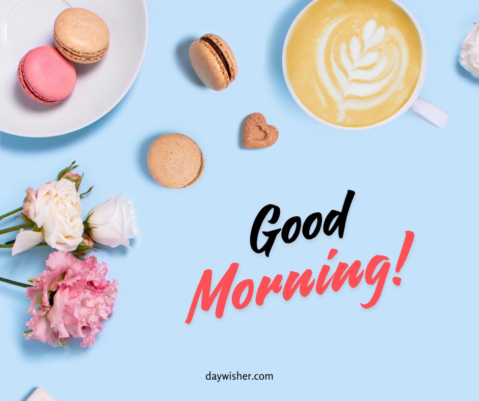 Celebrate a sweet morning with this delightful good morning coffee image, featuring expertly crafted latte art in a white cup, complemented by a selection of colorful macarons and fresh flowers on a serene blue background, perfect for a joyful start to your day.