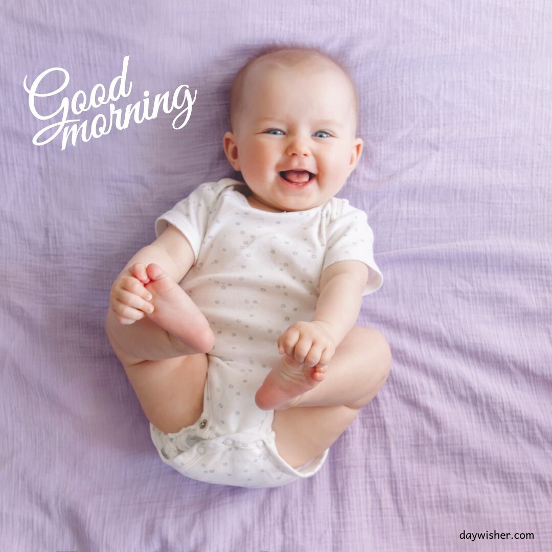 Baby laughing joyously on a lavender bedspread, with elegant 'Good Morning' text floating above, perfect for capturing the essence of good morning baby images.