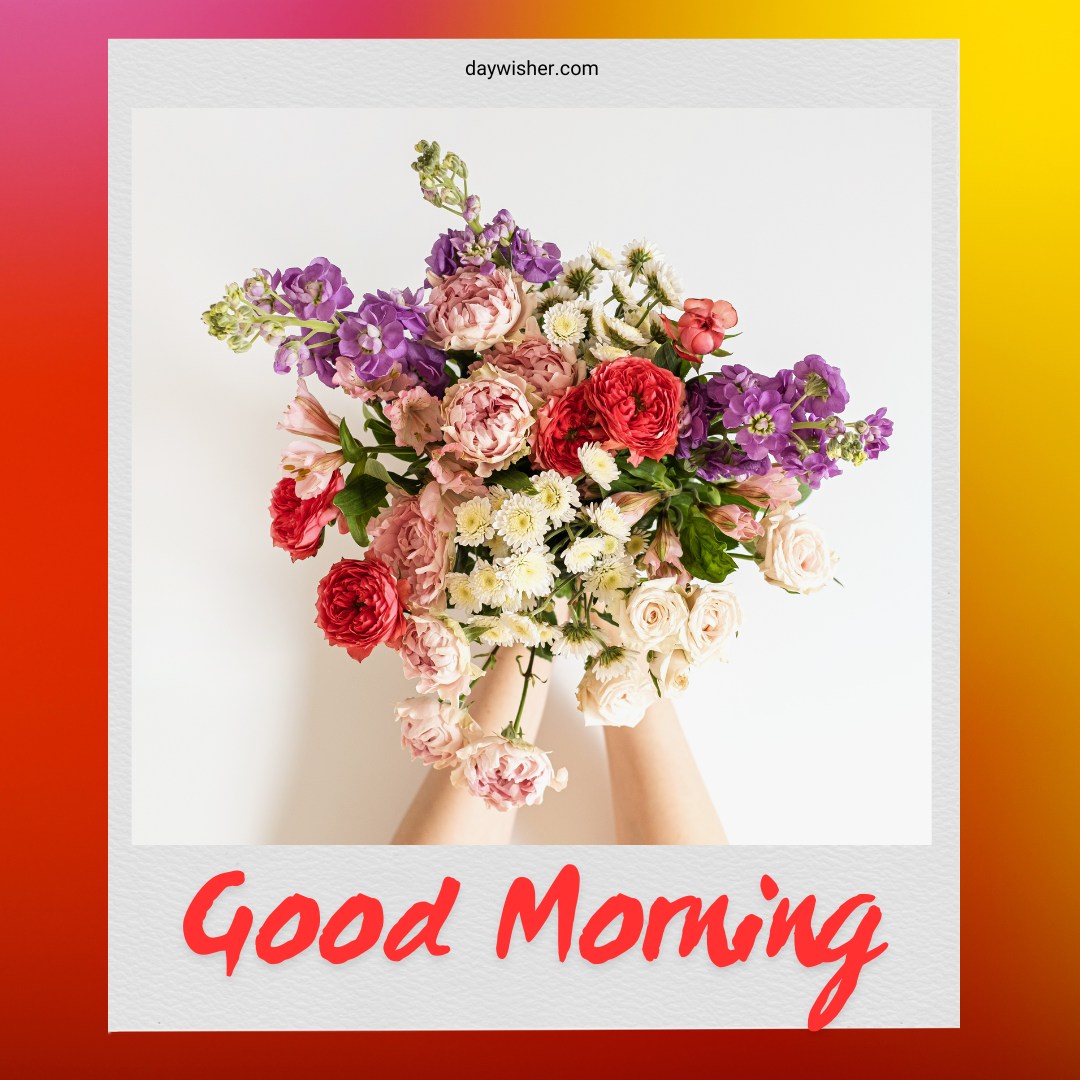 A breathtaking bouquet of flowers held aloft, captured in a vivid good morning greeting. The arrangement features a rich mix of purple stock, red and pink roses, and delicate white chrysanthemums, creating a lush tapestry of colors and textures. These flowers are displayed against a clean, white background, emphasizing their vibrant colors and varied shapes. This good morning flowers image symbolizes a joyful start to the day, filled with beauty and optimism, making it an inspiring choice for a morning message or a delightful start to any day.