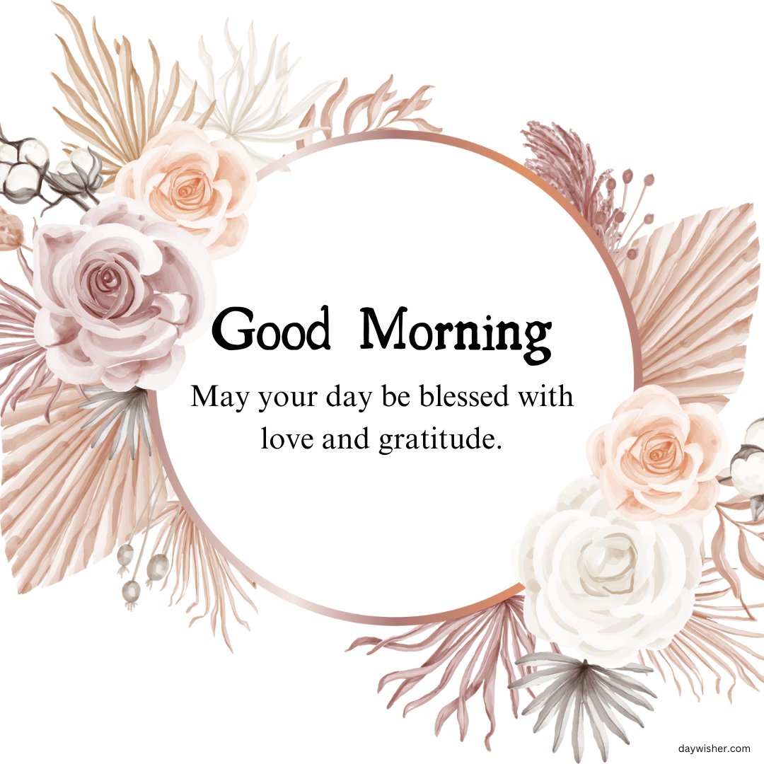 A beautiful good morning blessings image featuring a floral wreath with pastel-colored roses and leaves, accompanied by the message "Good Morning. May your day be blessed with love and gratitude." The delicate floral design and the heartfelt words create a serene and positive atmosphere, perfect for sharing inspirational and religious morning greetings. This image conveys a sense of love and thankfulness, making it ideal for starting the day with positivity and appreciation.