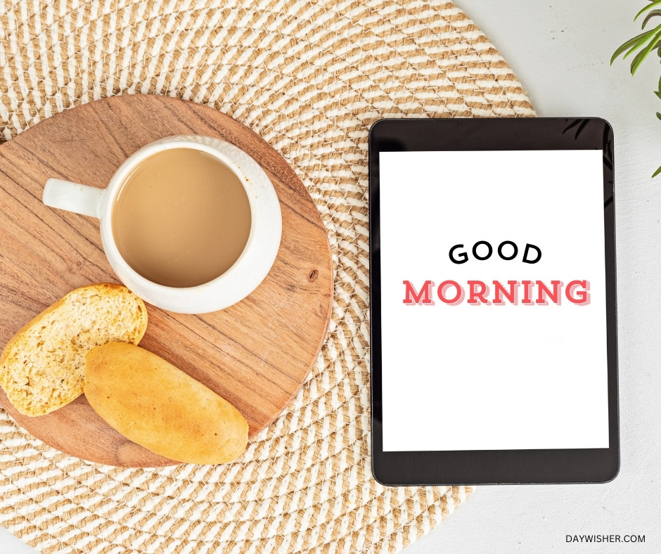 A contemporary morning setup featuring a cup of coffee with milk, crisp toasts on a wooden board, and a digital tablet displaying "Good Morning" on a textured mat. This image perfectly captures a modern breakfast scene, ideal for those searching for good morning coffee images that blend traditional warmth with today’s digital lifestyle.