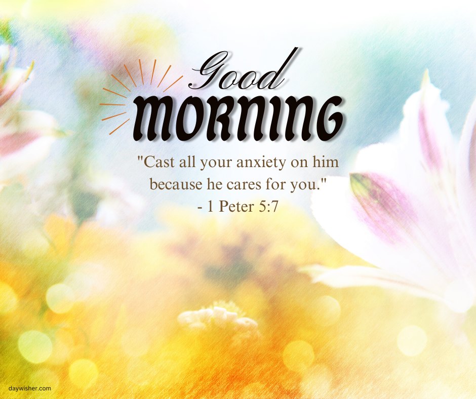 A serene good morning blessings image featuring a soft, blurred floral background with the Bible verse "Good Morning. Cast all your anxiety on him because he cares for you." - 1 Peter 5:7. The image radiates warmth and peace, with pastel colors and delicate flowers enhancing the calming message. This beautiful and inspirational image is perfect for sharing religious good morning greetings, offering comfort and encouragement to start the day with faith and positivity.