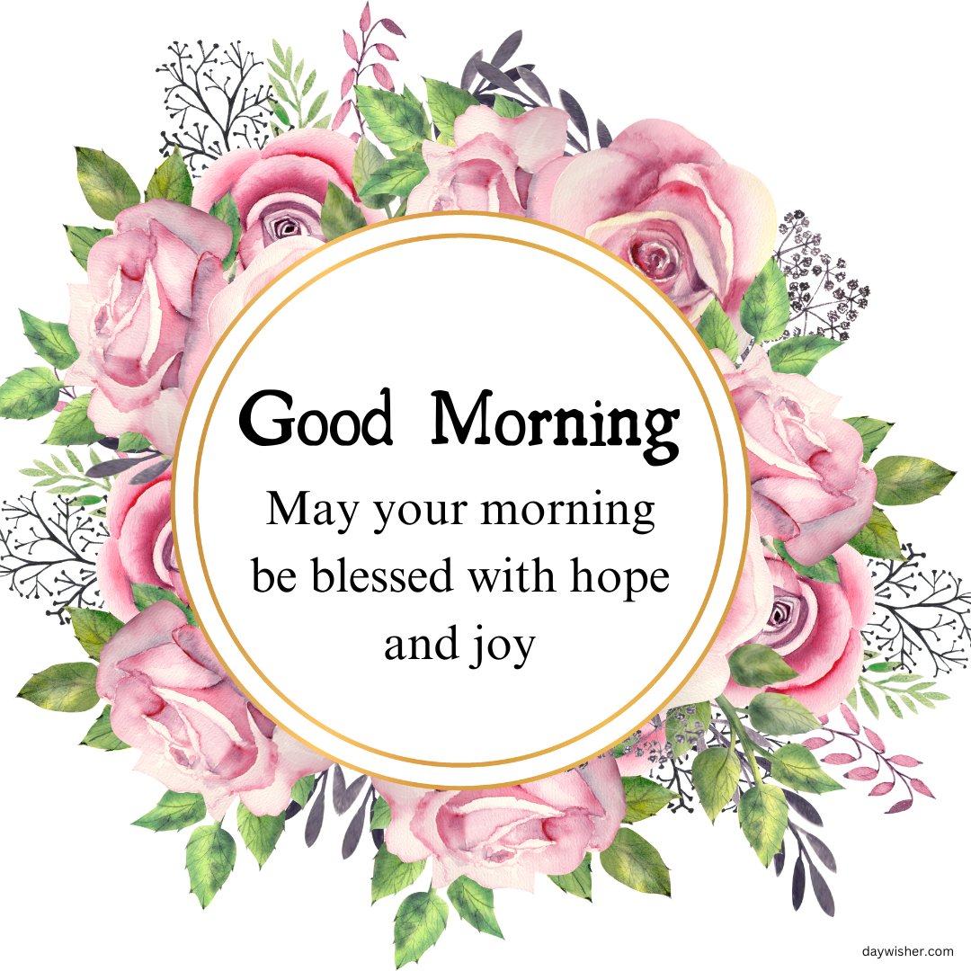 A beautiful good morning blessings image featuring a circle of pink and white roses with lush green leaves. The center text reads, "Good Morning. May your morning be blessed with hope and joy." This image exudes positivity and charm, perfect for sharing as inspirational good morning blessings images and quotes. The floral design adds a touch of elegance, making it ideal for conveying warm and heartfelt wishes to loved ones.