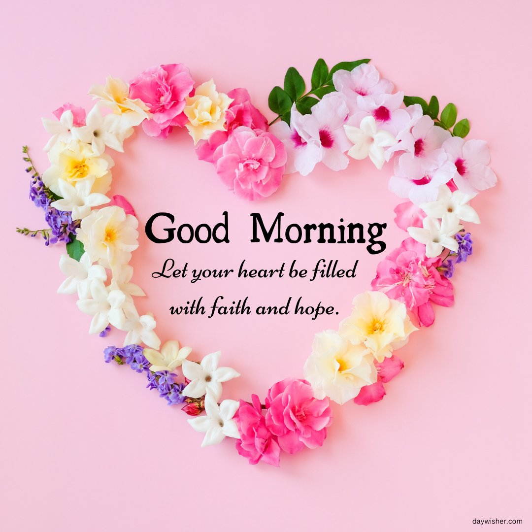 A heart-shaped arrangement of colorful flowers on a pink background with the text "Good Morning. Let your heart be filled with faith and hope." This image is perfect for sharing good morning blessings images, inspirational quotes, and positive messages, emphasizing faith, hope, and beauty to start the day.