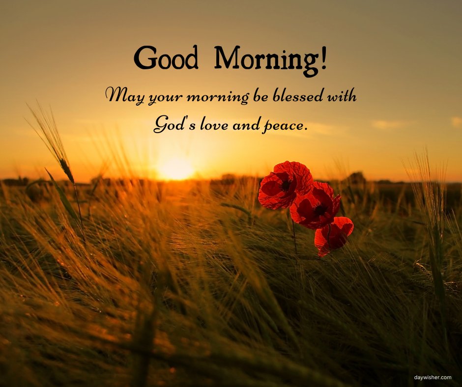 A serene good morning blessings image featuring a field with red flowers at sunrise. The text reads, "Good Morning! May your morning be blessed with God's love and peace." This beautiful image is perfect for sharing good morning blessings, inspirational quotes, and positive messages to start the day with a sense of divine love and tranquility.