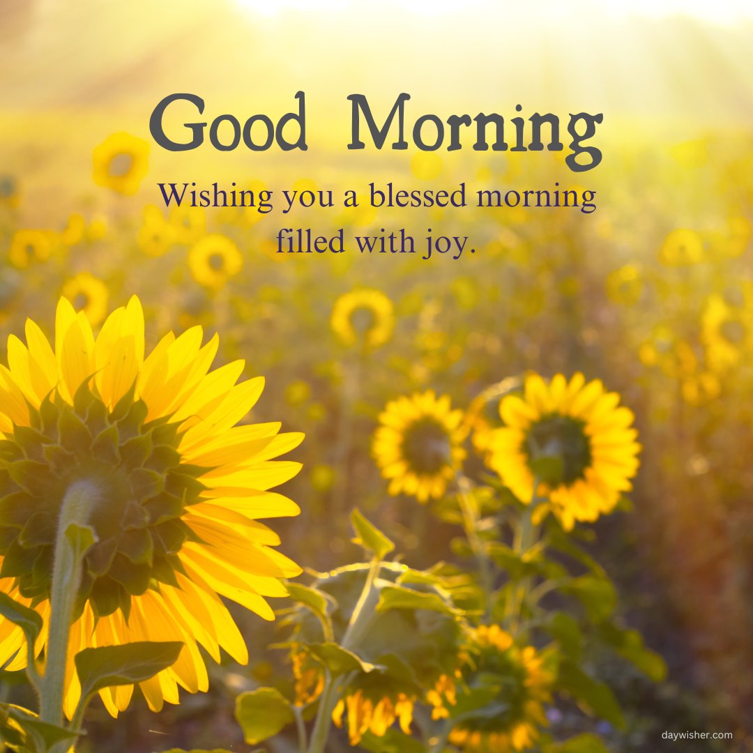 A radiant field of sunflowers bathed in morning light with the text "Good Morning. Wishing you a blessed morning filled with joy." This image evokes a sense of peace and positivity, perfect for sharing beautiful good morning blessings images and quotes.