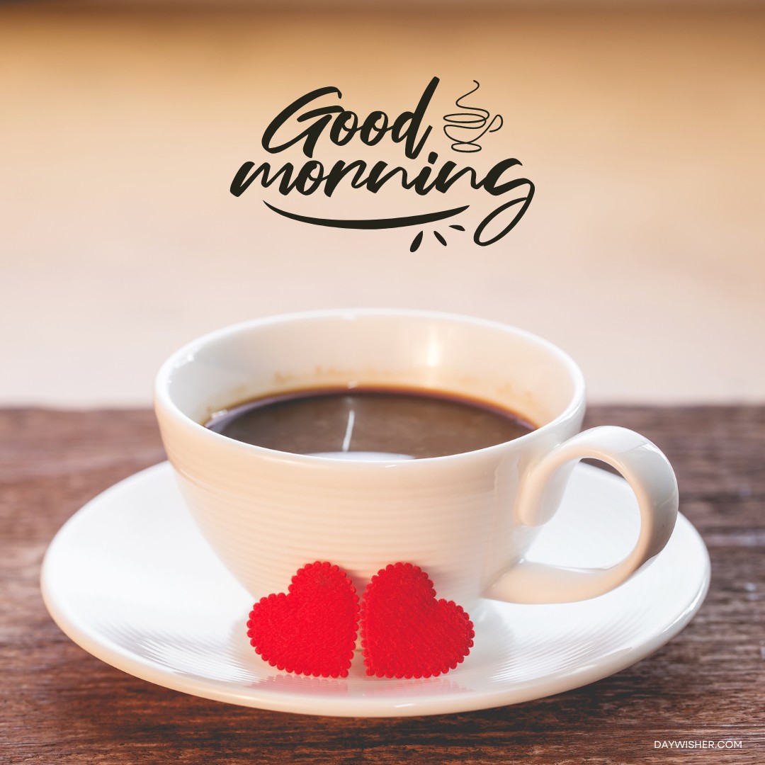 A simple yet heartwarming good morning scene showcasing a white coffee cup on a saucer, accompanied by two red felt hearts, set against a rustic wooden background. This delightful composition is ideal for those seeking romantic and charming good morning coffee images.