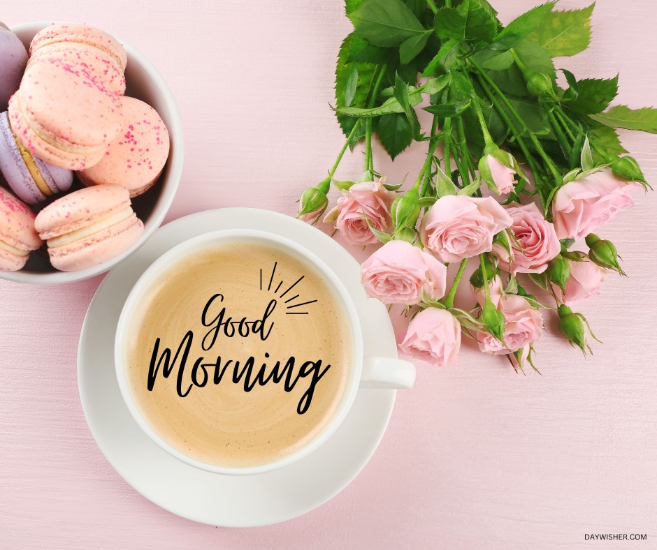 A delightful morning coffee setup with a white cup of coffee featuring a "Good Morning" message, surrounded by soft pink roses and a bowl of colorful macarons on a pink background. This charming scene is ideal for those who enjoy uplifting and beautiful good morning coffee images.