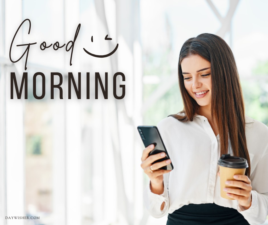 A young woman smiling as she checks her smartphone, holding a take-away coffee cup in a well-lit room with "Good Morning" written overhead. Perfect for starting a productive day.