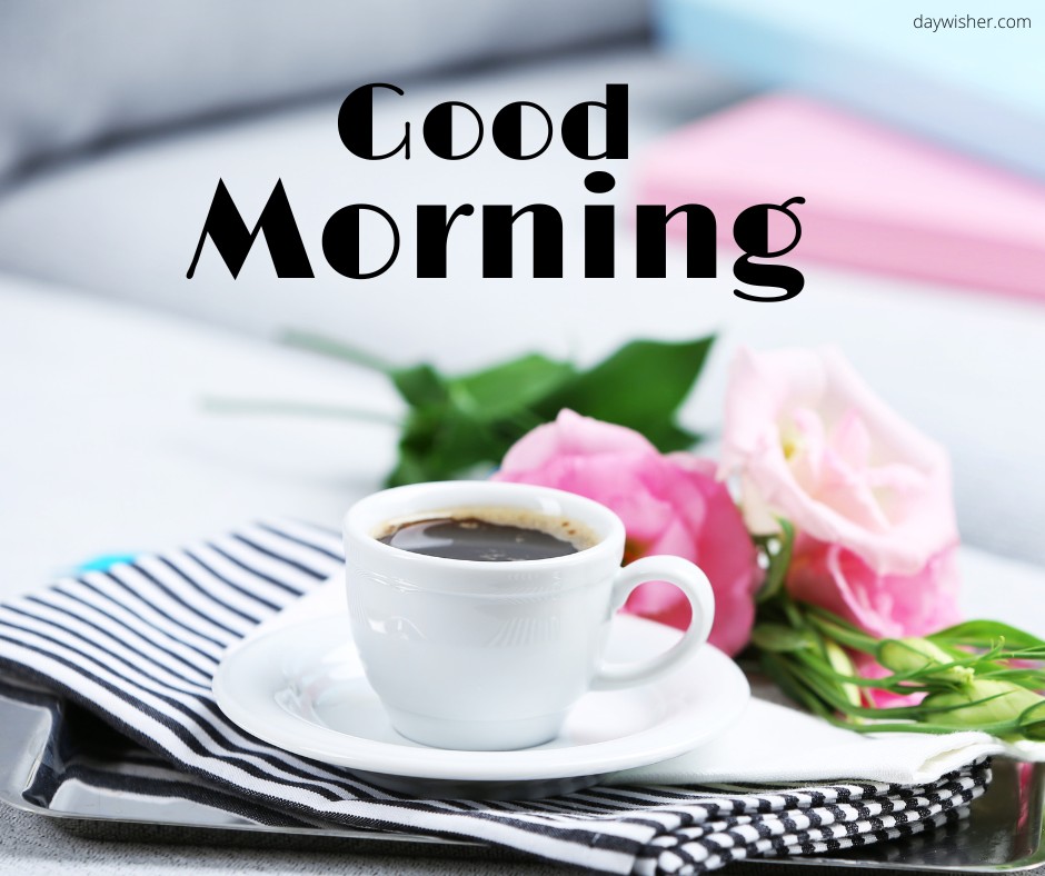 An inviting cup of coffee on a white and striped napkin, complemented by fresh pink roses, capturing a serene morning moment. The bold "Good Morning" text enhances the mood, making this image a perfect choice for those searching for inspirational good morning coffee images.