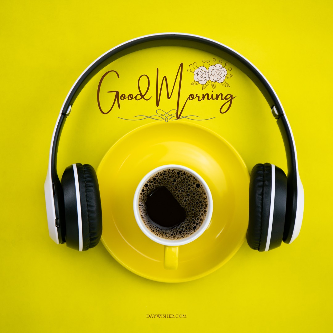 A unique good morning scene featuring a bright yellow coffee cup with a steaming brew, encircled by black headphones against a vibrant yellow background. This image combines the joy of music with morning coffee, perfect for those who appreciate creative and uplifting good morning coffee images.