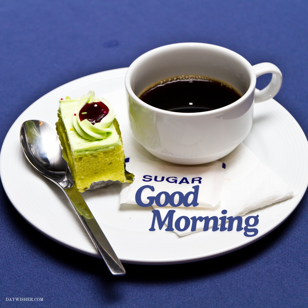 Start your day with this inviting good morning coffee image showcasing a freshly brewed black coffee paired with a slice of green layered cake, elegantly served on a white plate with a 'Good Morning' sugar sachet, ideal for a sweet and energetic morning.