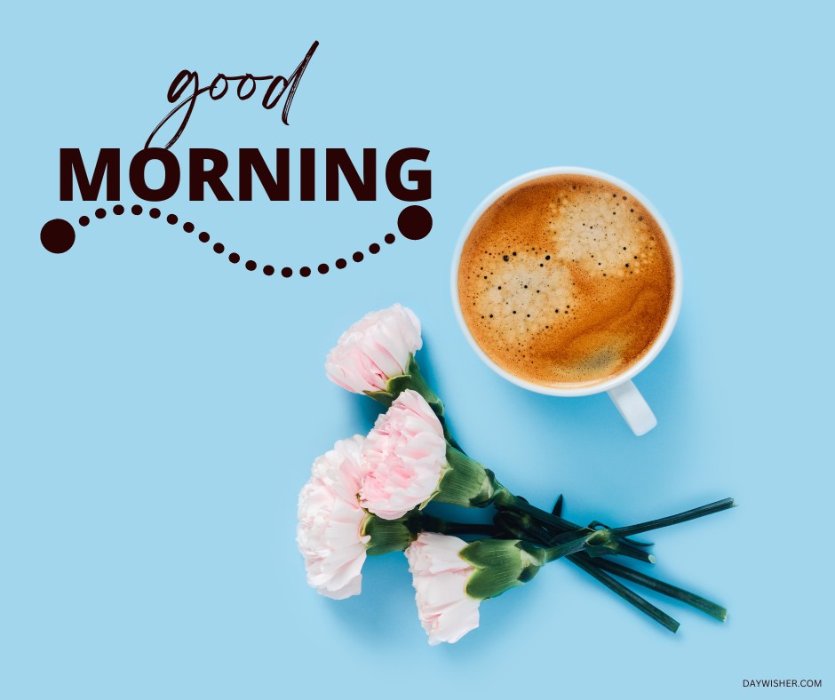 A fresh morning coffee cup placed on a serene blue background, complemented by a cluster of delicate pink peonies. The stylish "Good Morning" text curves above the coffee, making this image an ideal choice for those searching for good morning coffee images that are both soothing and beautiful.