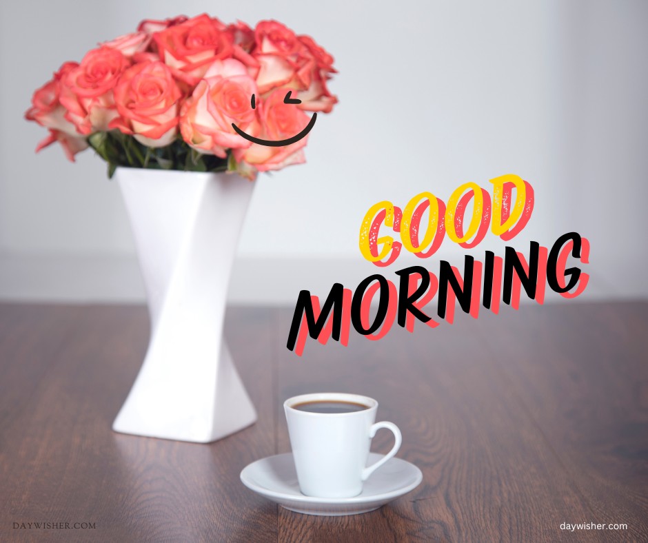 A simple white coffee cup on a saucer placed on a wooden table, accompanied by a vase full of lush pink roses, with a vibrant "Good Morning" message. An elegant and serene setting to start the day.