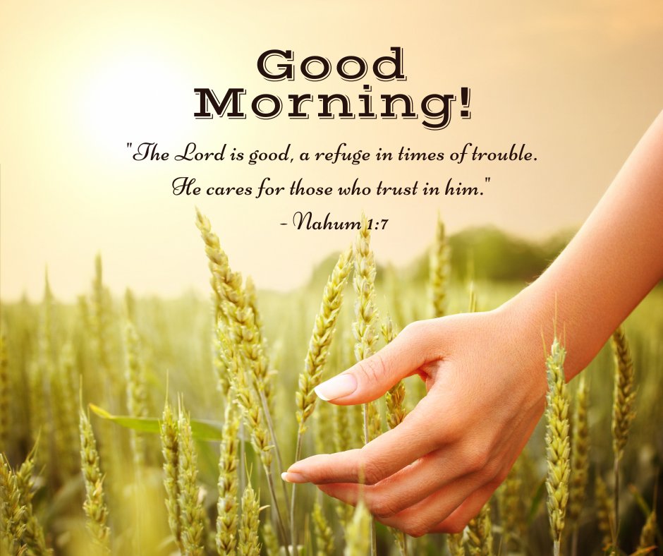 A peaceful good morning blessings image featuring a hand gently touching wheat in a sunlit field. The text reads, "Good Morning! The Lord is good, a refuge in times of trouble. He cares for those who trust in him." - Nahum 1:7. This image pairs a serene agricultural scene with an encouraging Bible verse, perfect for sharing inspirational good morning blessings images and quotes. The design conveys tranquility, faith, and divine care.