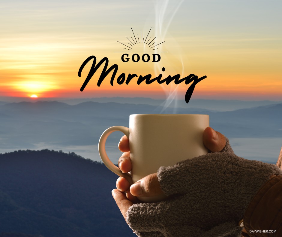 A person in warm gloves holding a steaming cup of coffee, with a breathtaking sunrise over mountainous terrain in the background. The bold "Good Morning" text captures the essence of a perfect morning, making this image an excellent choice for those searching for inspiring good morning coffee images that evoke a sense of adventure and tranquility.