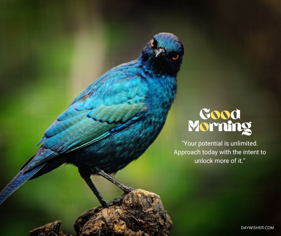 A strikingly vibrant blue starling perched on a rough piece of wood, its feathers shimmering in iridescent tones of blue and green against a soft natural background, with the motivational text 'Good Morning - Your potential is unlimited. Approach today with the intent to unlock more of it.