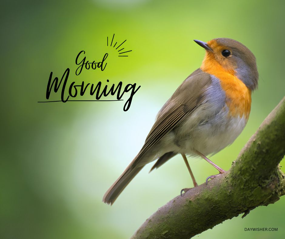 A robin with a vibrant orange breast stands poised on a moss-covered branch, set against a lush green background. The image radiates a calm, natural aura, perfect for a morning greeting. The stylish script 'Good Morning' with a sunburst graphic adds a cheerful note to the serene scene.