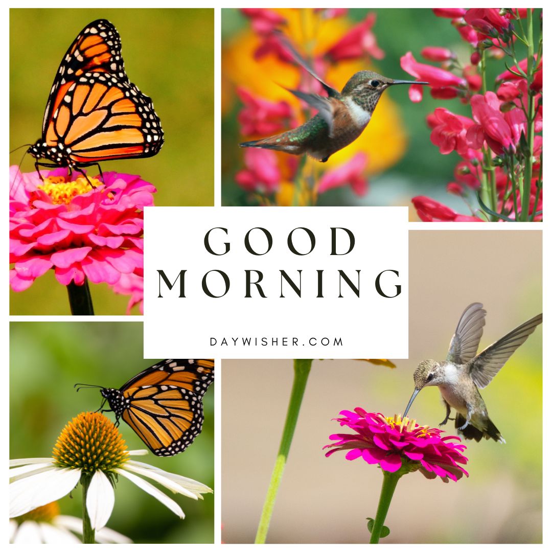 A stunning collage that captures the essence of a vibrant morning through various good morning flowers images. It includes a monarch butterfly gracefully perched on a bright pink flower, a hummingbird hovering near vivid red blooms, and another butterfly gently resting on a white daisy. Each frame within the collage highlights the dynamic interaction between wildlife and blooming flowers, symbolizing the start of a new day filled with activity and beauty. This compilation serves as a visual celebration of nature’s daily renewal and is perfect for sharing a morning greeting that inspires and delights.