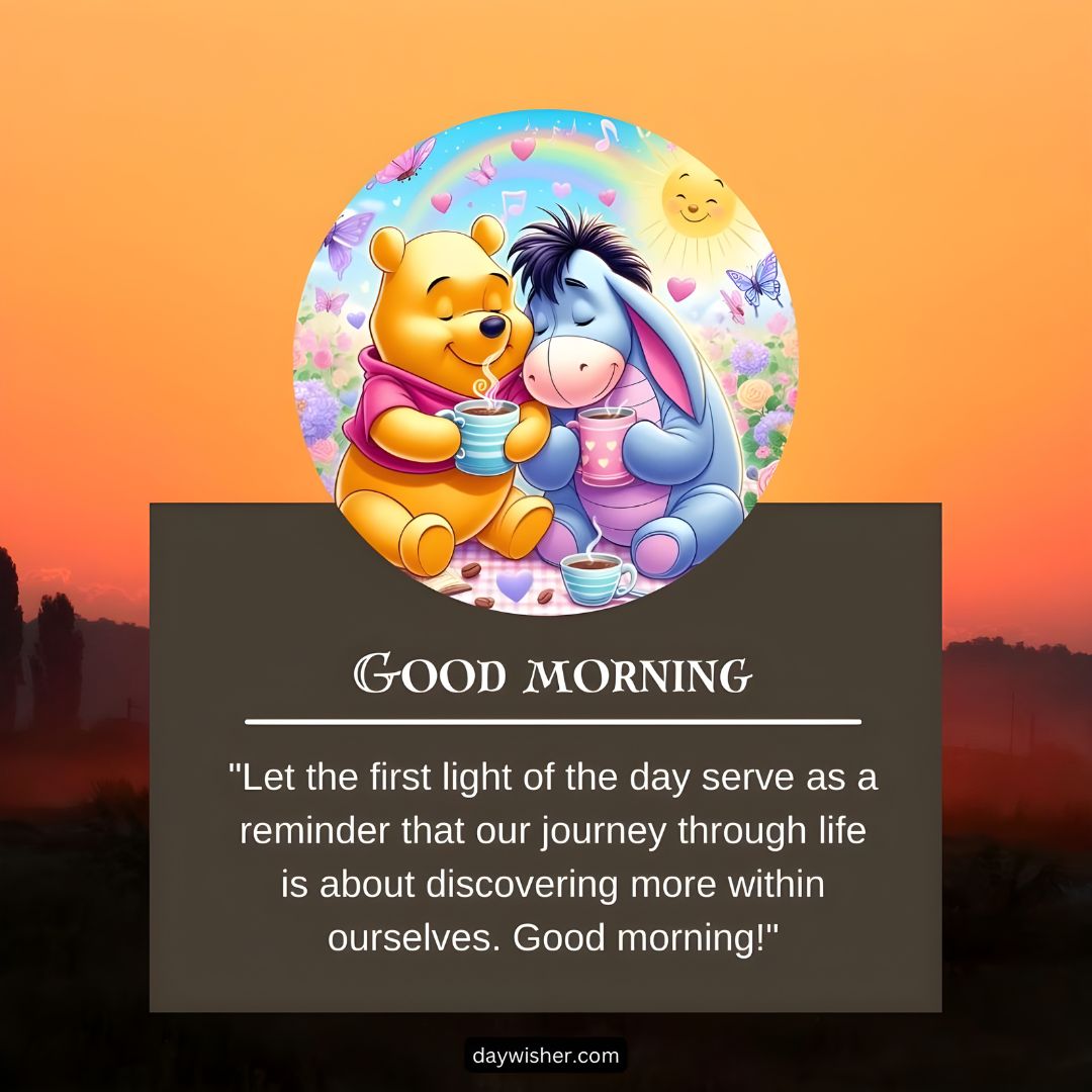 Illustration of winnie the pooh and eeyore sharing tea at dawn with "good morning" text and an inspirational quote about life and self-discovery in a good morning cartoon image.