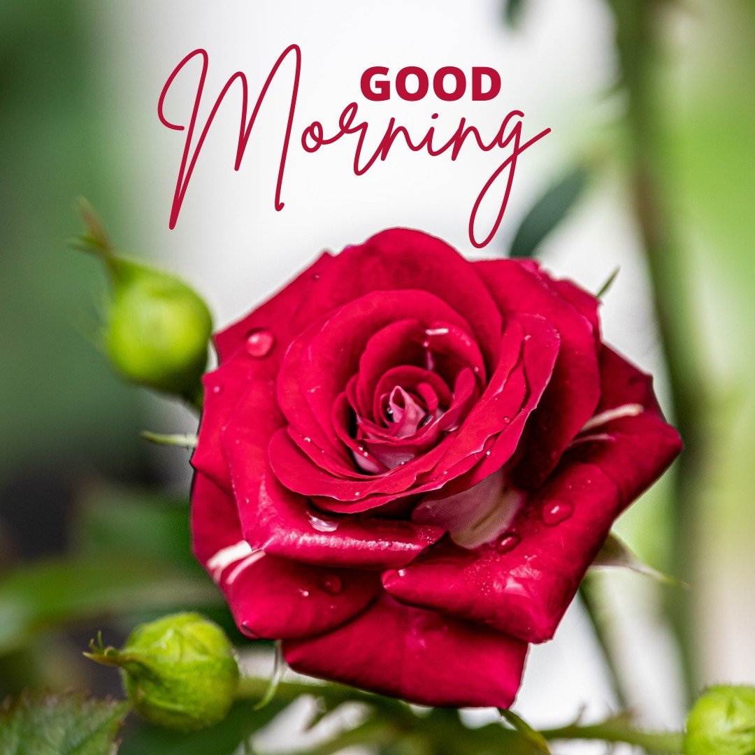 A close-up image of a radiant red rose with fresh morning dew on its petals, beautifully captured against a blurred green background with a graceful "Good Morning" script in elegant red cursive. This image symbolizes a fresh start to the day, embodying beauty and freshness, perfect for a morning greeting that uplifts and inspires.