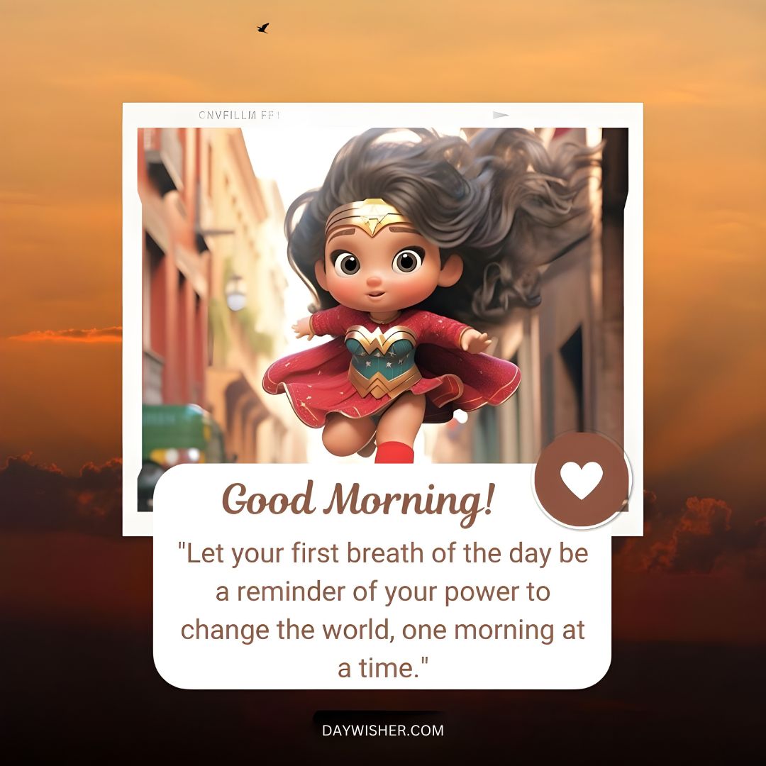 An animated image of a young African American wonder woman flying, with a cityscape background and an inspirational quote about the power to change the world, morning at a time.