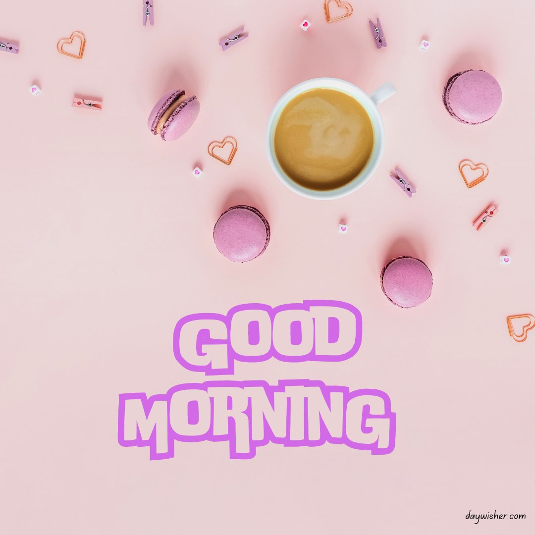 Brighten your day with this cheerful good morning coffee image, featuring a coffee cup amidst pink macarons and cute paper clips, all scattered on a soft pink background, creating a playful and inviting atmosphere for your morning indulgence.