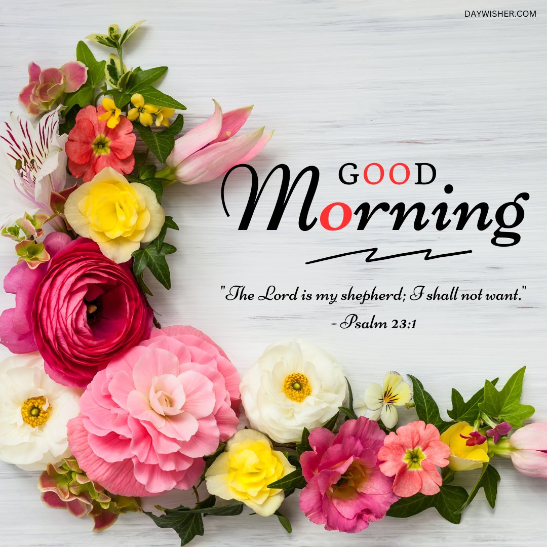 A beautiful good morning blessings image featuring a vibrant arrangement of colorful flowers with the message "Good Morning. 'The Lord is my shepherd; I shall not want.' - Psalm 23:1." The flowers are set against a light wooden background, creating a fresh and uplifting atmosphere. This image is perfect for sharing inspirational and religious morning greetings, offering a sense of peace and reassurance through the comforting words of Psalm 23:1.