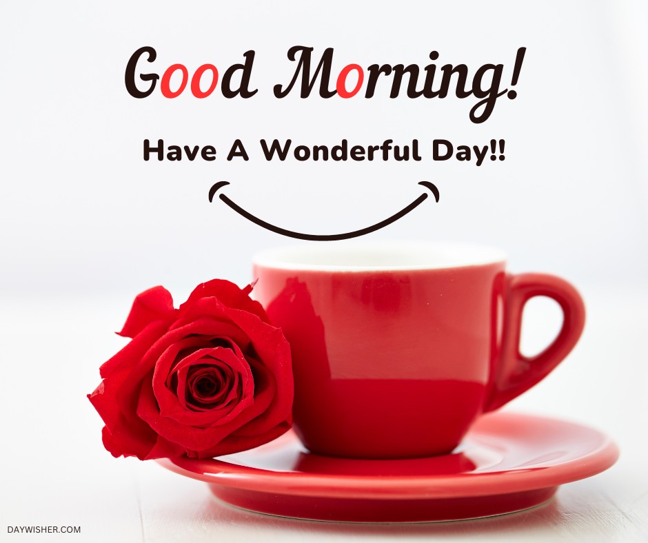 A striking red coffee cup with a freshly brewed coffee on a matching saucer, accompanied by a vivid red rose, set against a white background. The uplifting message "Good Morning! Have A Wonderful Day!!" adds a heartfelt touch, making this image a great choice for those looking for warm and inviting good morning coffee images.