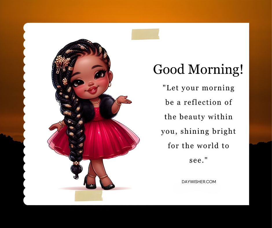 An illustration of a cheerful young African American girl with braided hair in a pink dress against an orange backdrop with the text "Good morning! Let your morning be a reflection of the beauty within you,