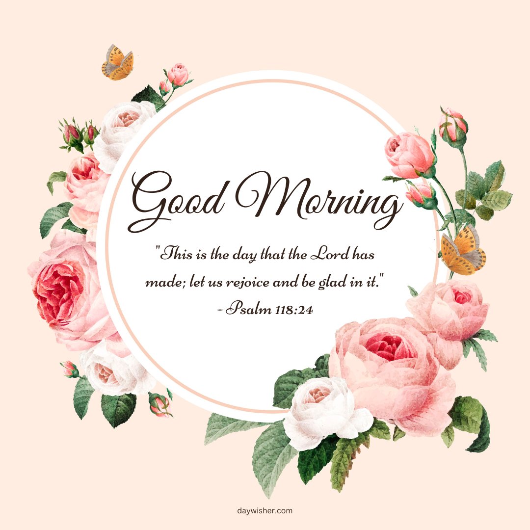 A beautiful good morning blessings image featuring a wreath of pink roses and butterflies with the message "Good Morning. 'This is the day that the Lord has made; let us rejoice and be glad in it.' - Psalm 118:24." The elegant floral design and uplifting Bible verse convey a sense of joy and gratitude, making this image perfect for sharing inspirational and religious morning greetings. The soft pastel background adds to the overall serene and positive feel of the message.