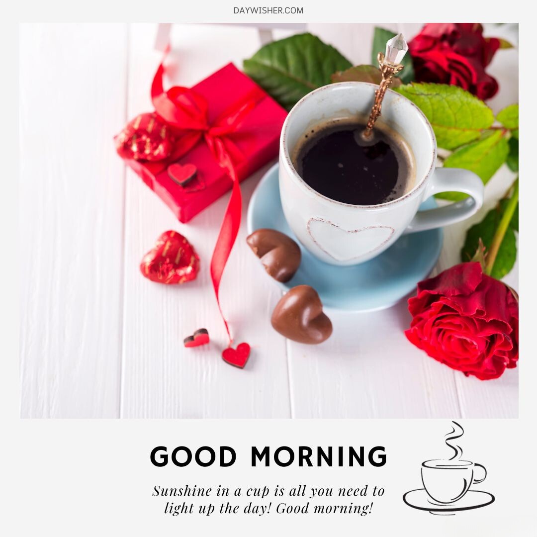 An inviting morning scene featuring a cup of black coffee in a blue cup adorned with a heart-shaped doodle, surrounded by romantic elements including red roses, chocolate hearts, and elegant red gift boxes on a white wooden table. This image captures the essence of a loving good morning coffee setting, ideal for those who cherish starting their day with a touch of romance and warmth.