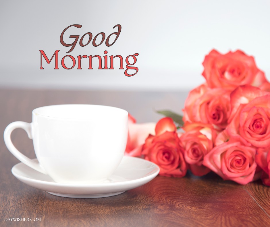 An elegant good morning scene featuring a pristine white coffee cup on a saucer, surrounded by a bouquet of stunning pink roses. The rich "Good Morning" text complements this romantic setting, making it a perfect choice for those looking for good morning coffee images that evoke feelings of love and warmth.