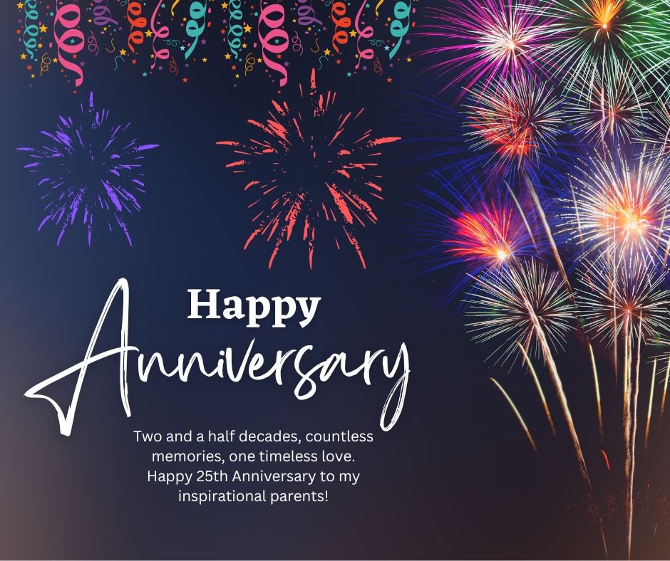 A vibrant display of multicolored fireworks in a night sky with a greeting that reads "happy wedding anniversary" and the message "happy 25th anniversary to my inspirational parents!