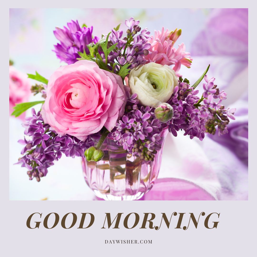 A delicate arrangement of soft pastel flowers including pink roses, white ranunculus, and purple lilacs, elegantly displayed in a clear glass vase. The bouquet is complemented by a light and airy background, adding to the gentle and refreshing vibe of the image. Perfect for a good morning greeting, this floral display is imbued with the freshness and beauty of early spring, conveying a sense of peace and new beginnings. The harmonious blend of colors and textures makes this image ideal for starting the day with a moment of beauty and tranquility.