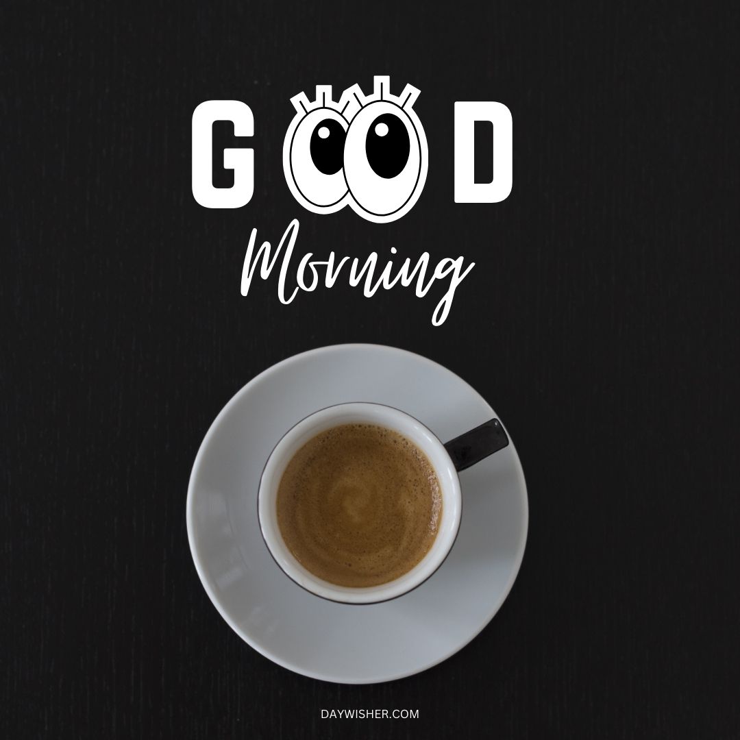 Begin your day with this stylish good morning coffee image, capturing a top view of a freshly brewed espresso in a white cup against a dark background, enhanced by a playful text design, perfect for a modern and energetic morning start.