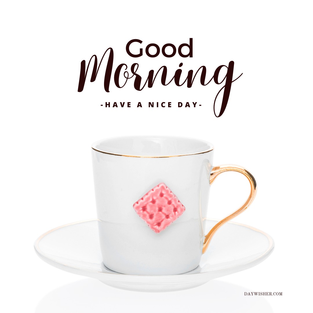 A classic white coffee cup with a pink embossed design and a golden handle on a matching saucer, against a white background with a stylish "Good Morning - Have a Nice Day" message. Ideal for a chic and uplifting morning mood.