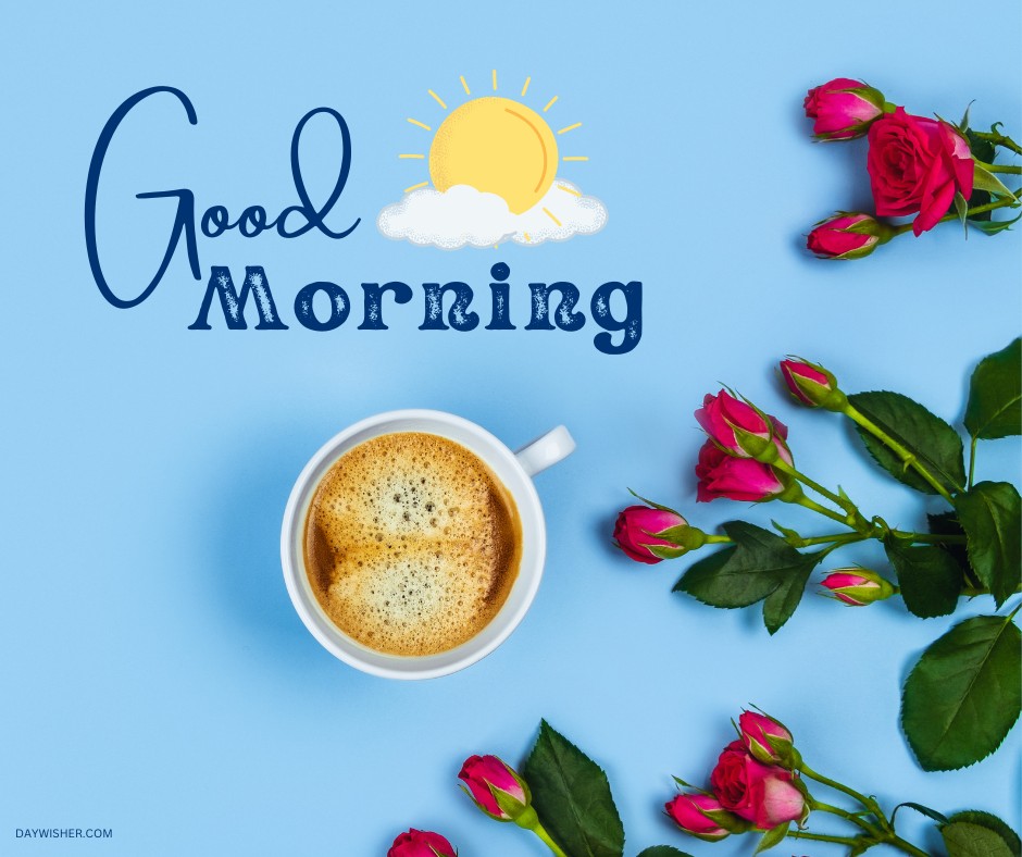 A refreshing morning coffee in a white cup, set against a bright blue background, complemented by vibrant red roses. The playful "Good Morning" text and cheerful sun graphic add a sunny and inviting vibe, making this image an excellent choice for those looking for good morning coffee images that combine the beauty of nature with a warm start to the day.