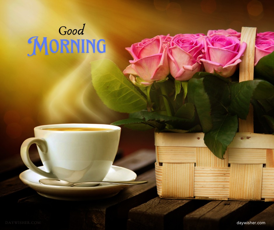 Wake up to the aroma of good morning coffee images like this one, featuring a serene coffee cup against a luminous sunrise background, accompanied by a basket of vibrant pink roses, setting a peaceful and inviting tone for the day.