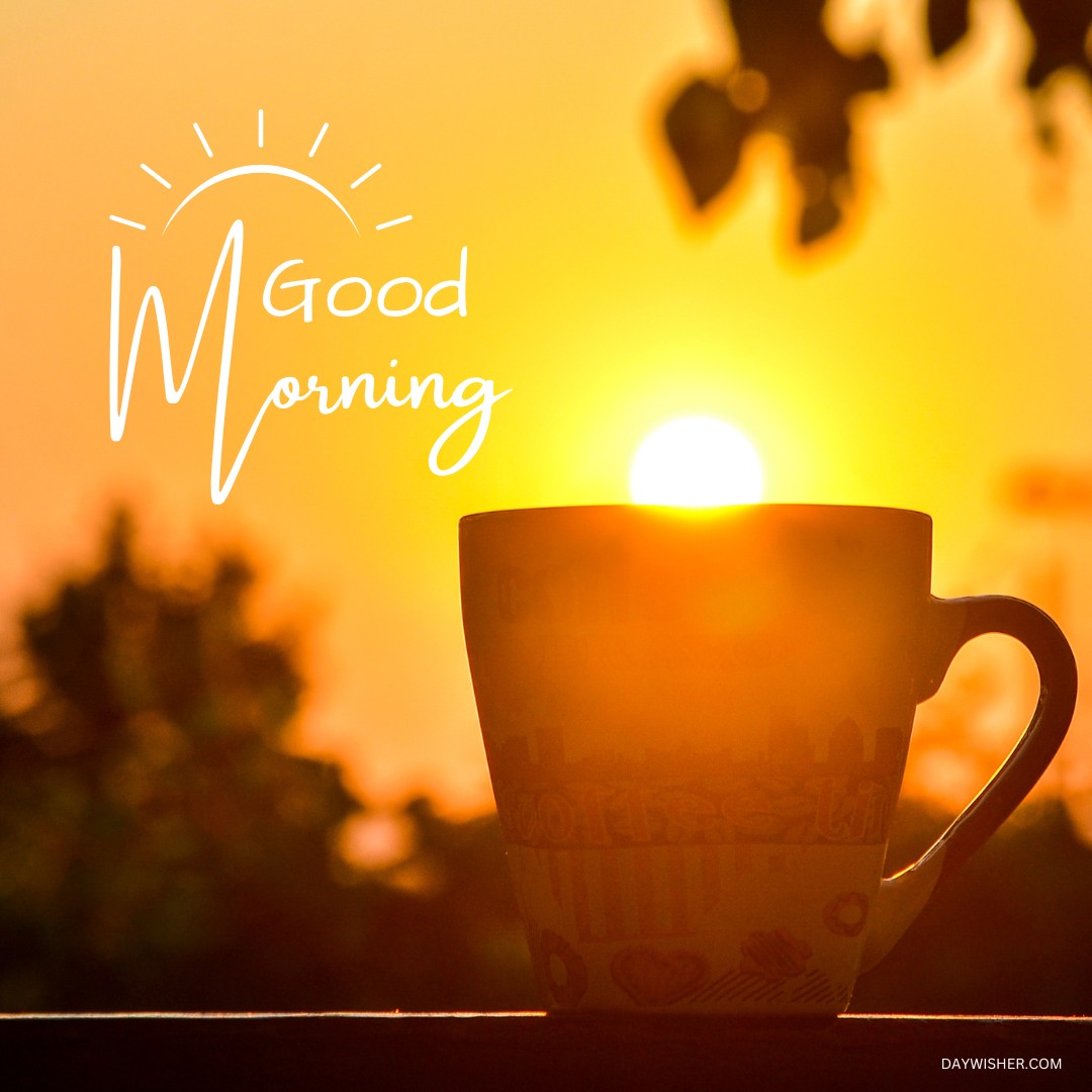 A beautifully silhouetted coffee cup against the backdrop of a golden sunrise, framed by the soft outlines of foliage. The vibrant "Good Morning" text with a stylized sun illustration adds to the inspirational start of the day, making this image a stunning choice for those seeking good morning coffee images that capture the essence of a new dawn.