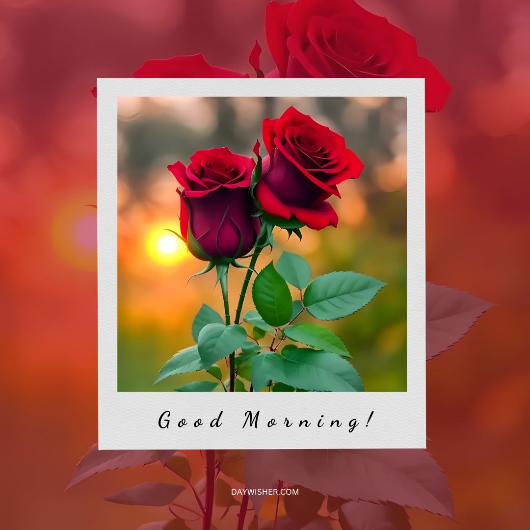 A pair of exquisite dark red roses set against a blurred background that captures the warm glow of a sunrise. The roses, standing tall on their stems surrounded by rich green leaves, exude elegance and vitality. This good morning image perfectly combines the natural beauty of flowers with the inspiring energy of a new day. The soft morning light enhances the deep reds of the roses, making it an ideal image to start the day with a message of freshness and renewed energy.