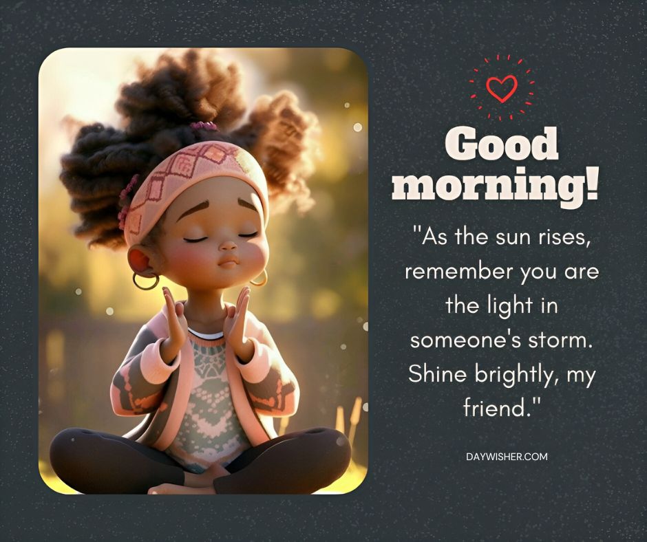 An animated image of a young African American girl with afro puffs meditating peacefully, with the text "Good morning! As the sun rises, remember you are the light in someone's storm.