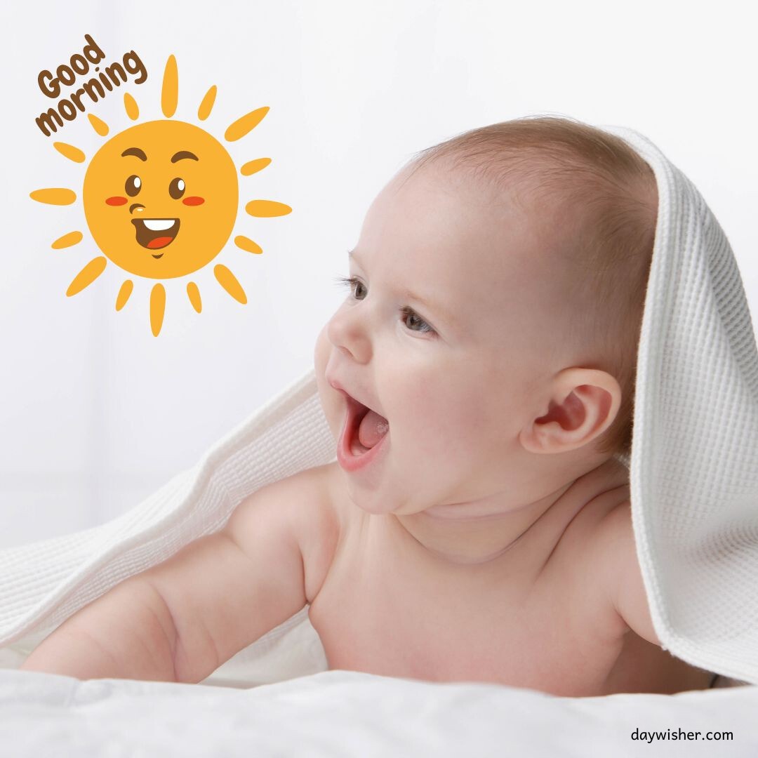 Cheerful baby smiling under a blanket with a playful sun character saying 'Good Morning,' a heartwarming addition to good morning baby images.