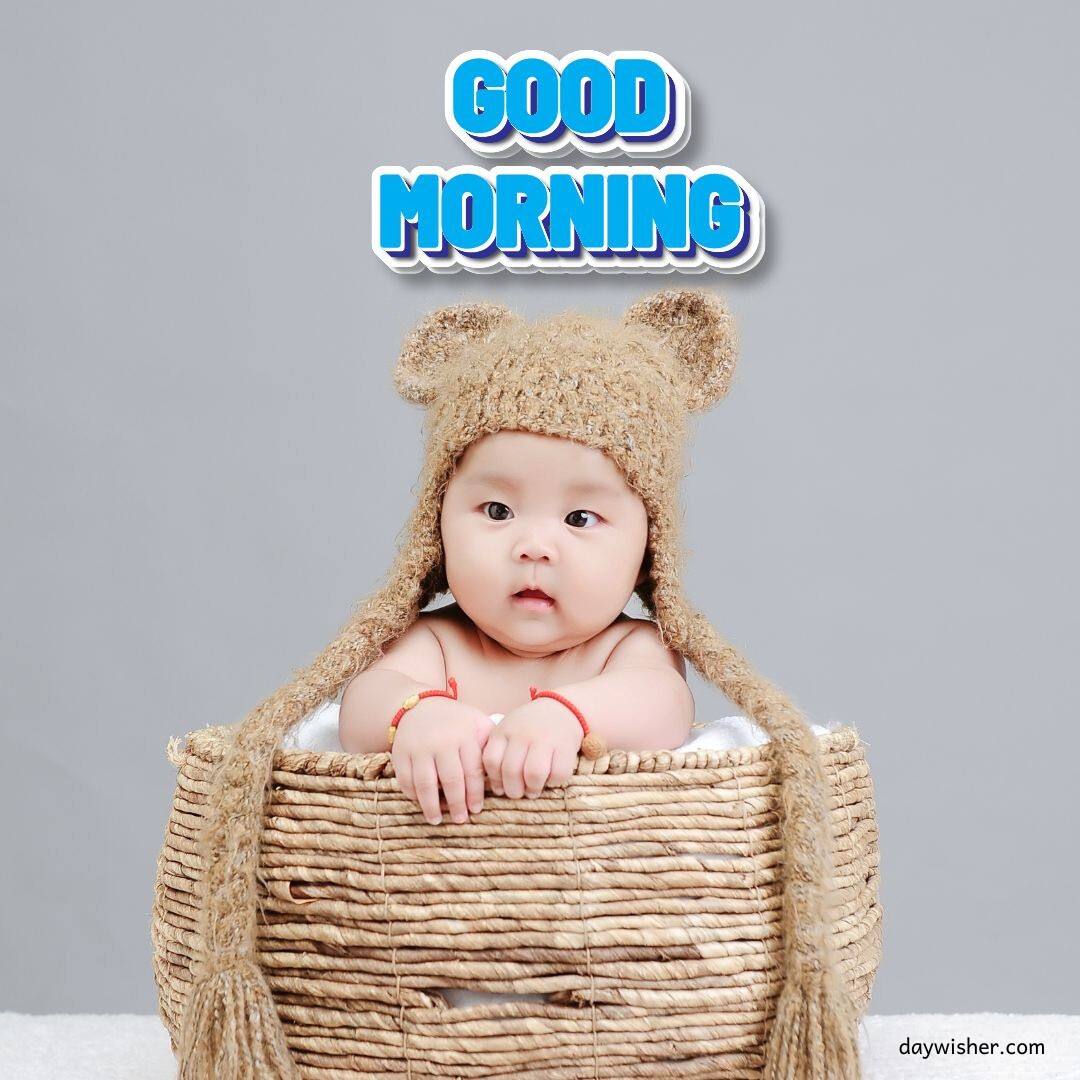 Adorable baby in a teddy bear hat peering out from a woven basket, accompanied by a vibrant 'Good Morning' text, perfect for sharing good morning baby images.