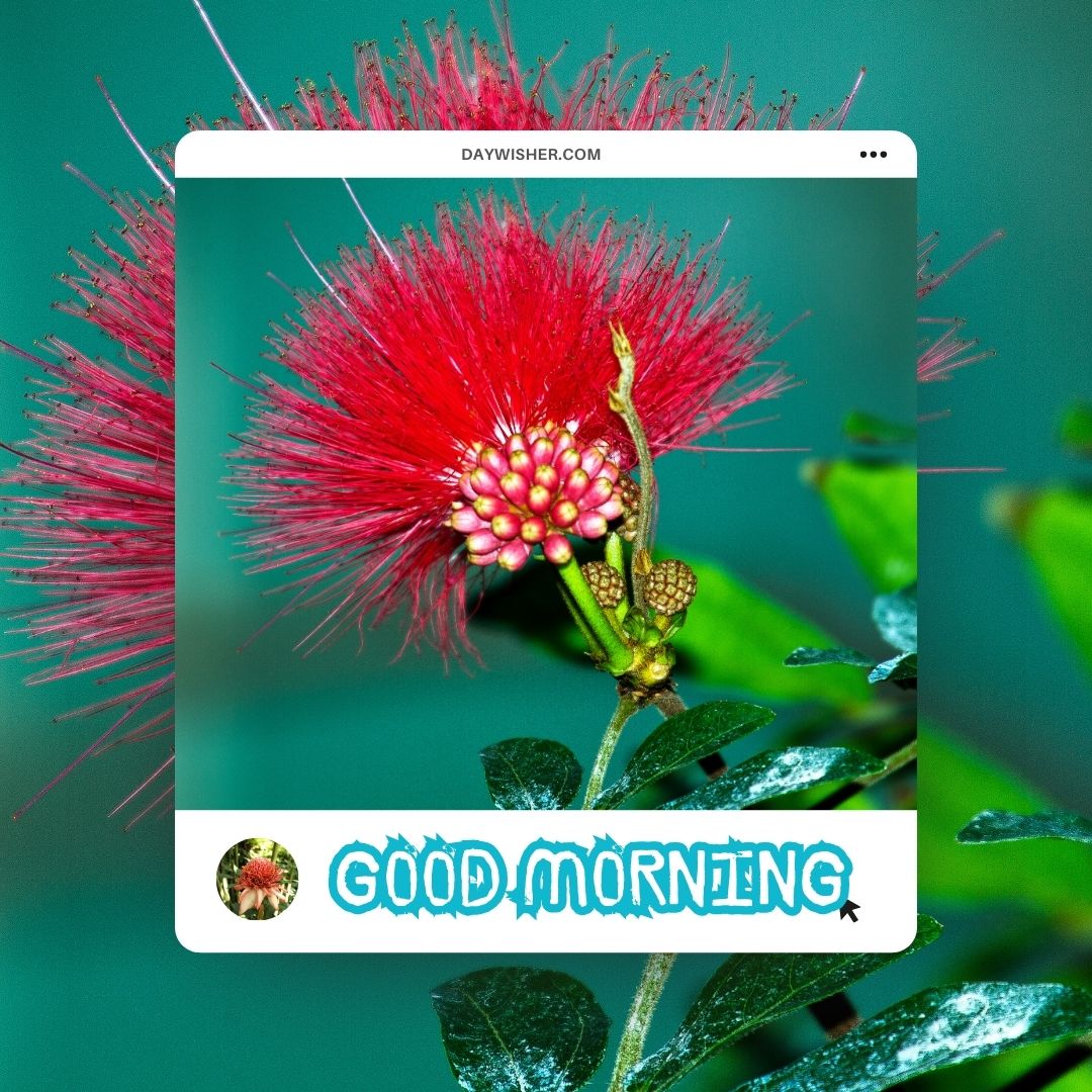 An exquisite image featuring a unique tropical flower with vibrant red filaments and a pink center, set against a deep teal background. This eye-catching flower is surrounded by lush green leaves, which enhance the vividness of its colors. The picture is framed within a social media interface, complete with a "Good Morning" greeting, making it an ideal image to share and spread morning cheer. The detailed texture and unusual appearance of the flower make this a standout choice for anyone looking to brighten their day or that of their friends with beautiful good morning flowers images.