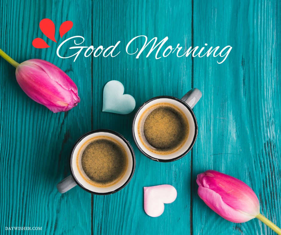 Capture the essence of a refreshing start with this vibrant good morning coffee image featuring two steaming cups of coffee alongside a striking pink tulip and playful heart-shaped marshmallows on a vivid turquoise wooden background, perfect for a loving and cheerful morning