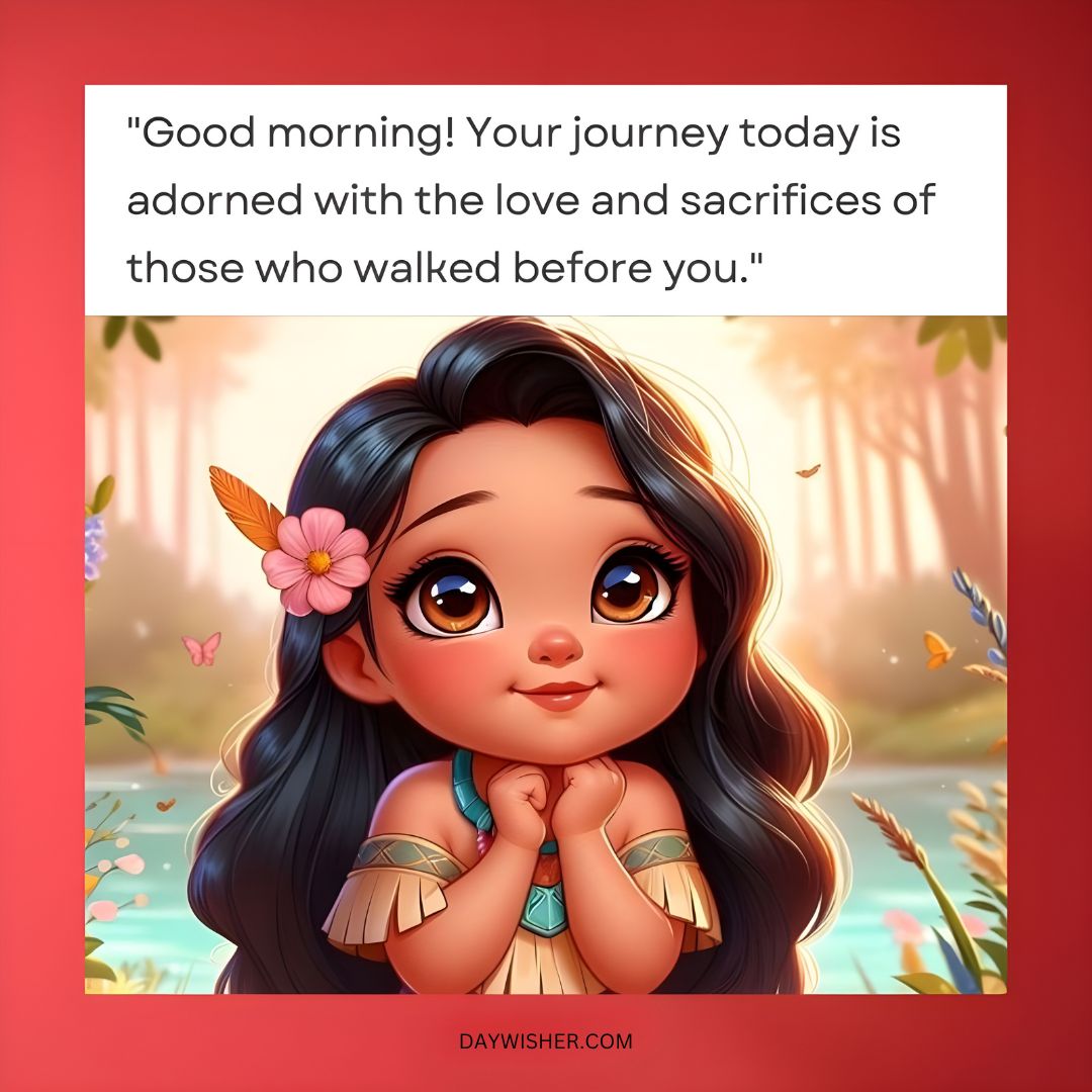 An illustrated image of a young African American girl with large eyes and a flower in her hair, sitting against a serene pink and blue background with trees and a river. A quote about love and sacrifice is