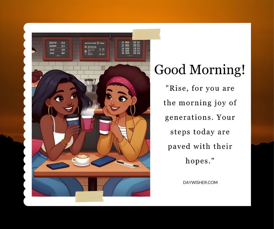 Image of two African American animated women enjoying coffee in a cafe at sunrise, with a positive quote about joy and hope displayed above them.